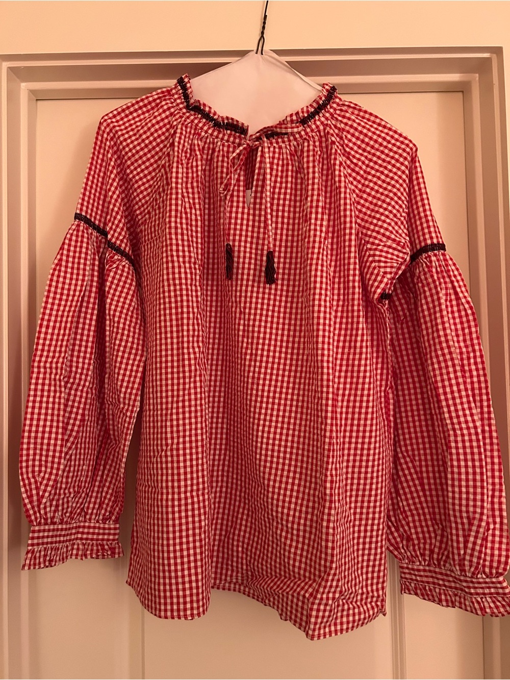 Jupe by Jackie Red Gingham Peasant Blouse with Tassel Tie